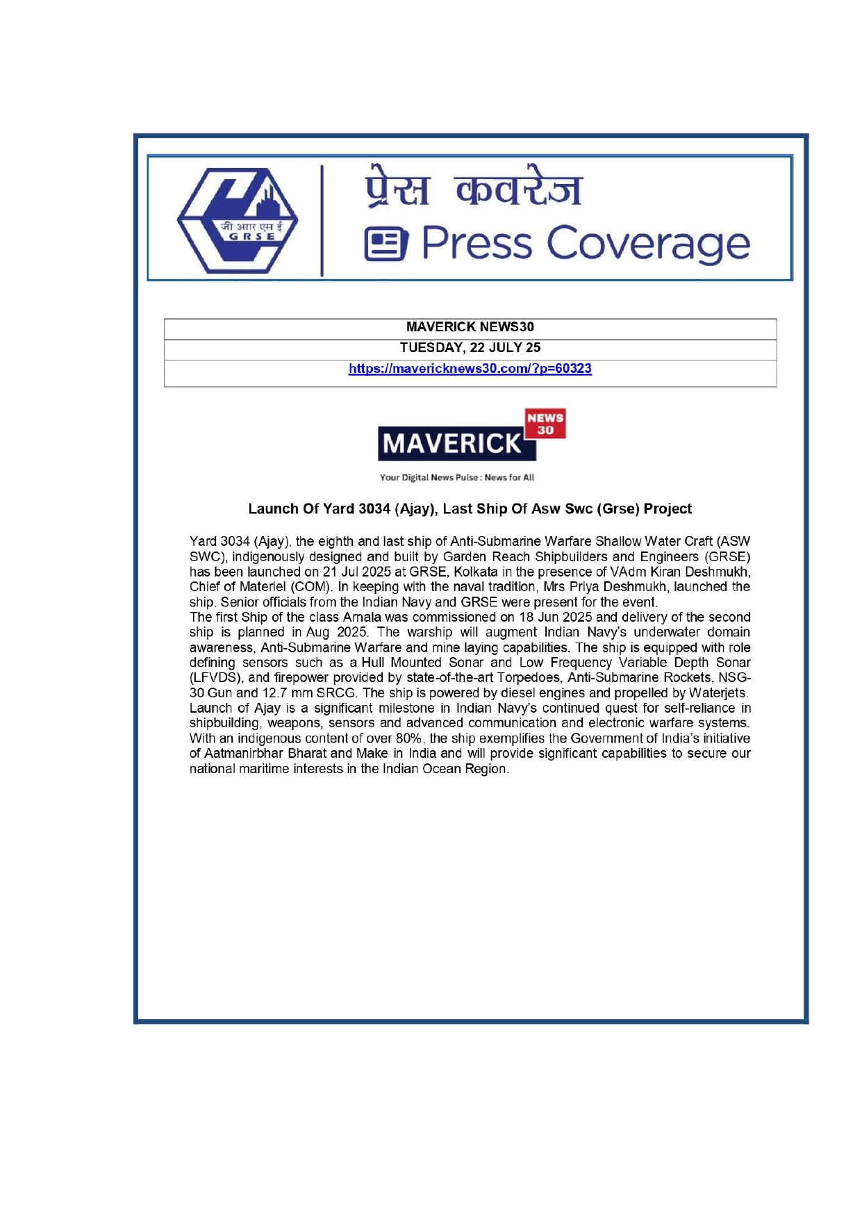 Press Coverage :  Anti-submarine Warfare Ship,Ajay,Launched in Kolkata